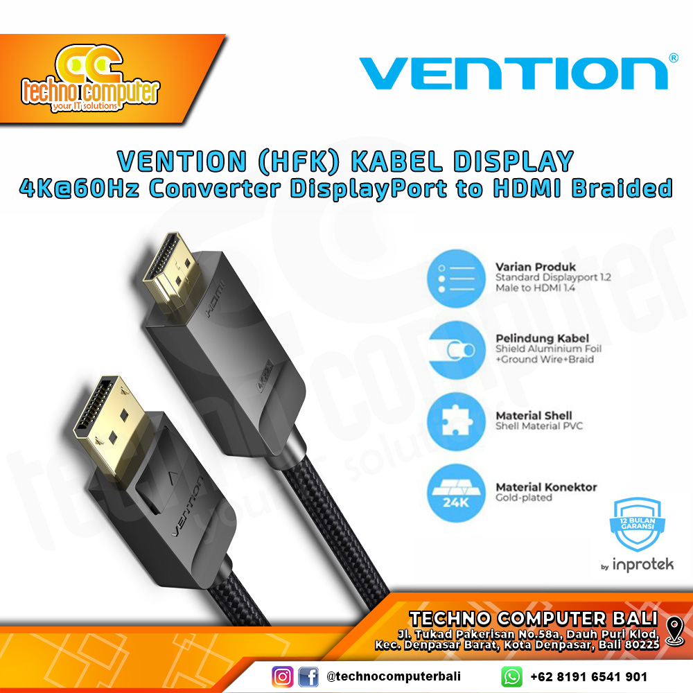 VENTION KABEL DISPLAY - Kabel DisplayPort - DisplayPort to HDMI Braided 4K 60Hz - HFK 3M