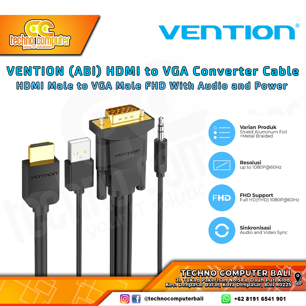 VENTION KABEL CONVERTER DISPLAY - HDMI Male to VGA Male FHD With Audio and Power - ABI 3M