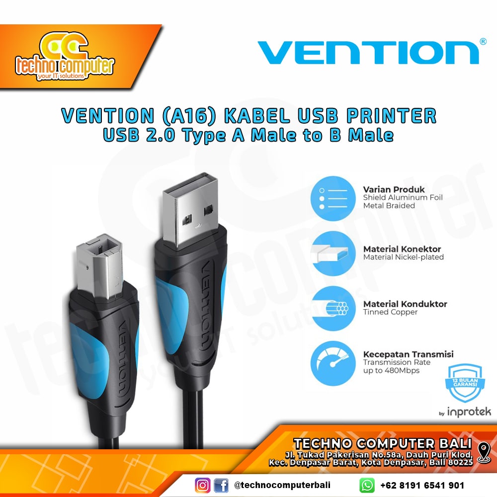VENTION USB PRINTER - USB 2.0 Type A Male to B Male Printer - A16 0.5M