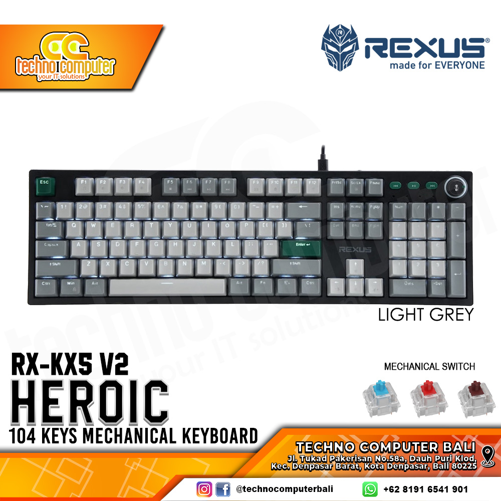 REXUS HEROIC KX5 V2 Light Grey - Mechanical Blue Switch - Gaming Keyboard