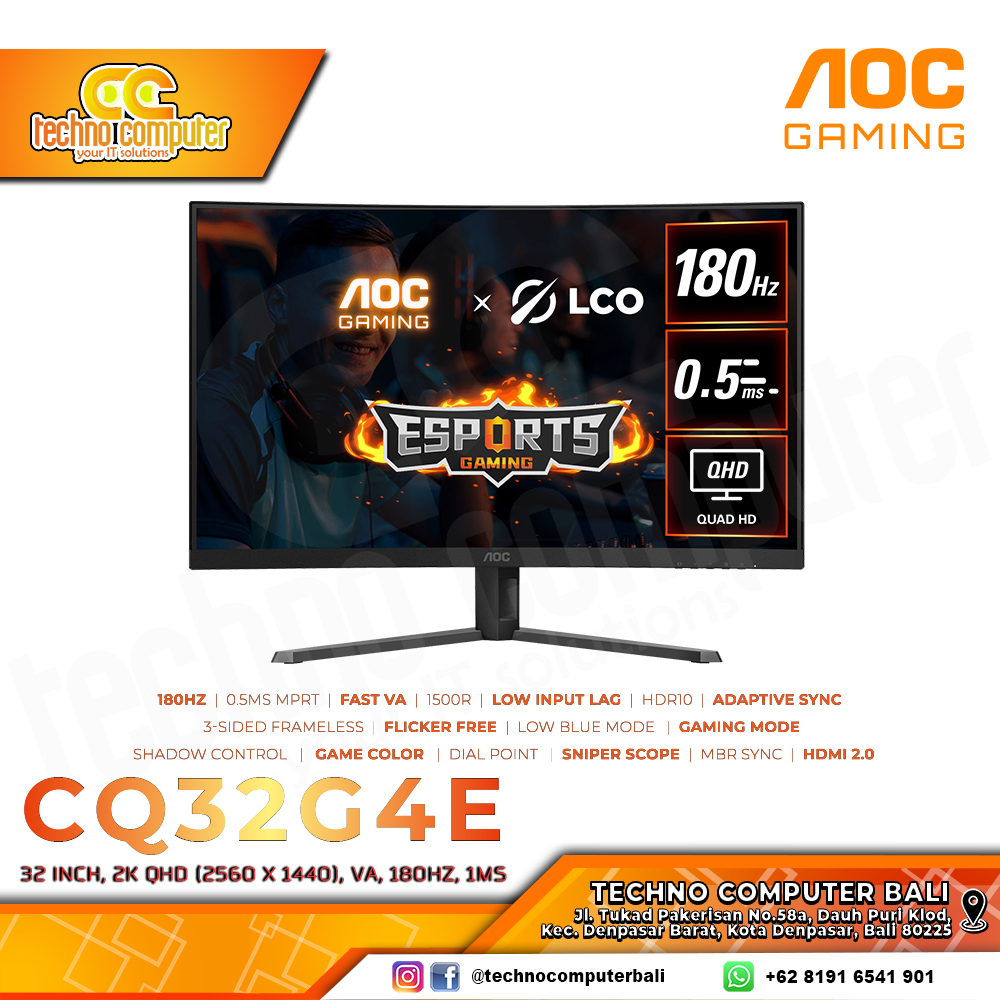 AOC CQ32G4E/70 Curved Gaming Monitor - 32 inch, 2K QHD (2560 x 1440), VA, 180Hz, 0.5ms